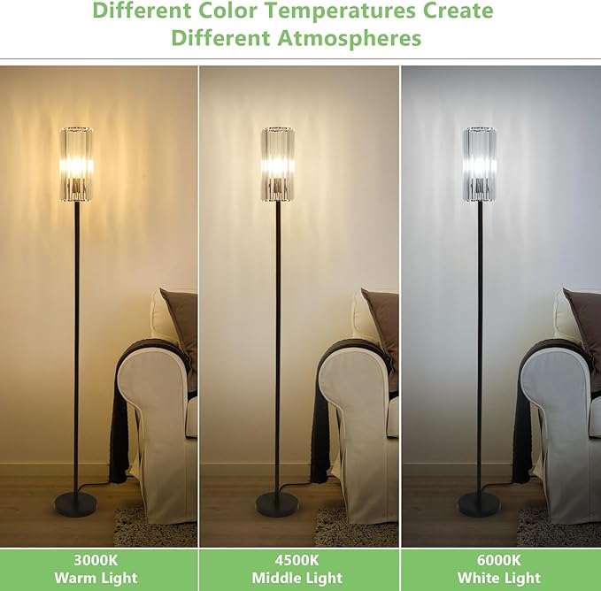 HMVPL Black Floor Lamp for Living Room, Elegant Floor Lamp for Bedroom with K9 Crystal Shade, Modern Standing Lamp for Corner with On/Off Switch, Pole Tall Lamp for Nursery Office Home Decor