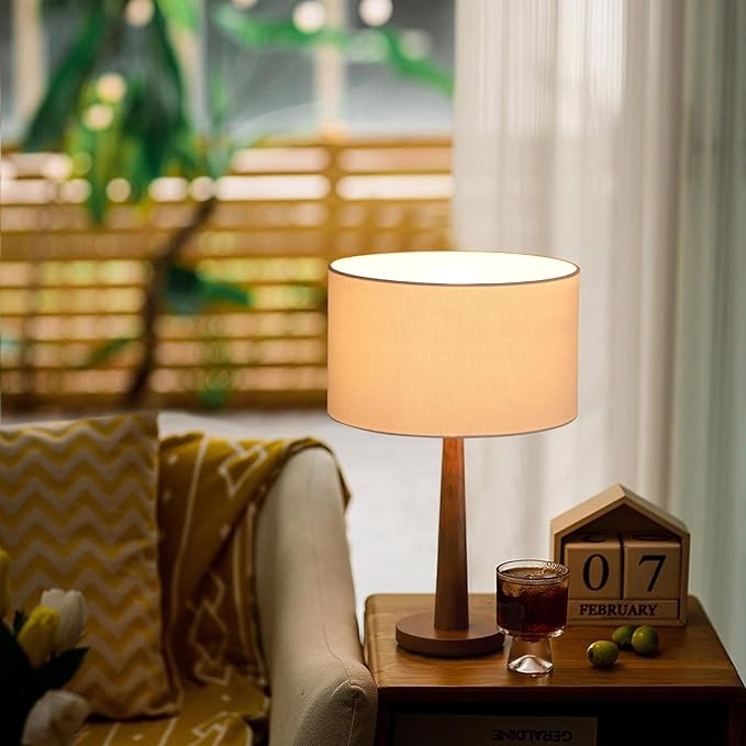 18.5" Tall Table Lamp for Living Room, Dimmable Modern Walnut Wood Desk Lamps for Bedroom, UL Listed Nightstand Lamp, End Table Lamps for Entryway, Console, Office, Dorm, White Line Shade