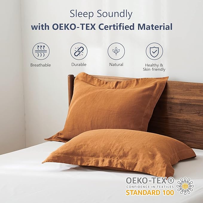 Simple&Opulence 100% Linen Pillow Case Queen Size Set of 2, Rust Pillow Covers with Overlap Closure, Luxury Breathable Pillowcases Protectors Suitable for All-Season (20" X 26", Rust)