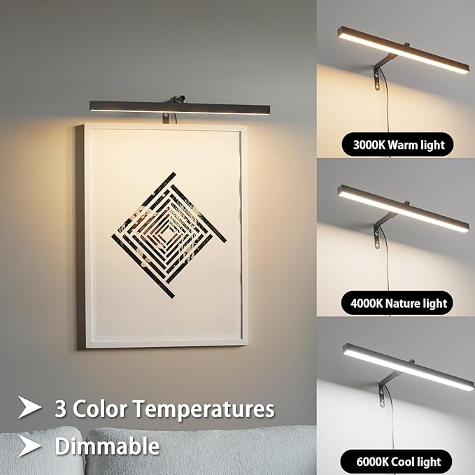 Plug in Picture Lights for Wall, 16 inch Dimmable LED Art Light with Remote, 3 Colour Temperature Gallery Painting Wall Light for Picture Display Dartboard Art Work (Black)