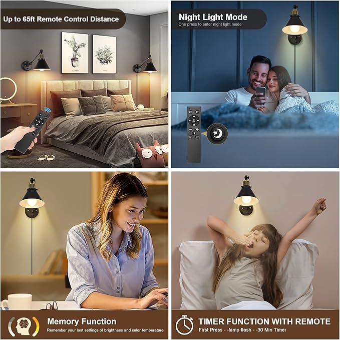 TRLIFE Dimmable Wall Sconce with Remote Control, Plug in Wall Sconces Dimming 10%-100% and Adjustable Color Temperature 2700K-6000K, Swing Arm Wall Lights with Plug in Cord, UL Listed(2 Pack, 2 Bulbs)