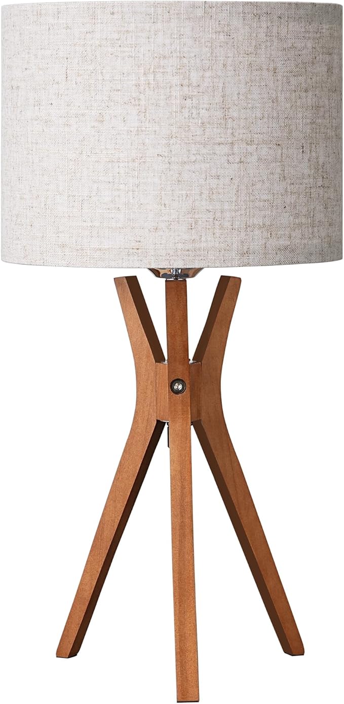 EDISHINE Mid Century Table Lamp, 17.5" Tripod Bedside Lamp with Deep Wood Color Light Base & Beige Linen Lampshade, Nightstand Lamp for Bedroom, Living Room, Reading Room, E26 Base