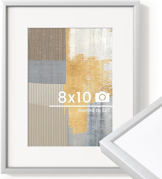 8x10 inch Metal Picture Frame - 8 x 10 Thin Aluminum Photo Frames with 5x7 Removable Mat - High Definition Plexiglass - Ideal for Wall or Tabletop Display - Wall Hook Hanging Hardware Included - Silver, Set of 1