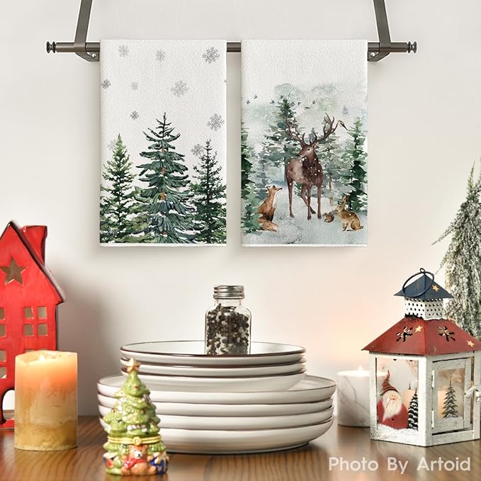 Artoid Mode Elk Trees Snow Hello Winter Kitchen Towels Dish Towels, 18x26 Inch Seasonal Christmas Decoration Hand Towels Set of 2