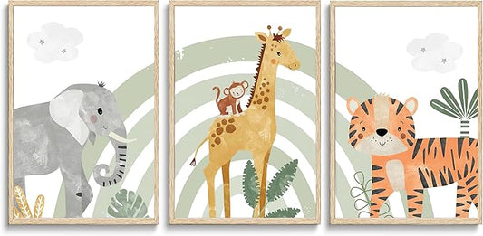 3Pcs Safari Animals Canvas Wall Art elephant tiger giraffe Posters Prints Bohemian Rainbow elements Paintings Pictures wall decor for Nursery Baby Bedroom Decorations Unframed