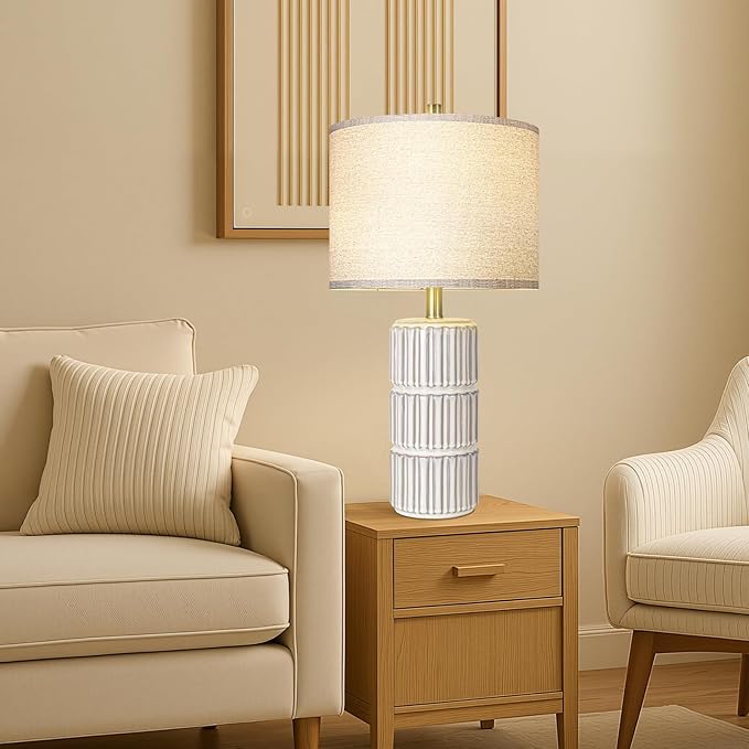 23.5" Ceramic Table Lamp Set of 2, Table Lamps for Living Room, Bedside Lamps with 3-Way Dimmable Bulb, Lamps for Night Stands with Linen Shade, Farmhouse Lamp with Rotary Switch (Bulb Included)