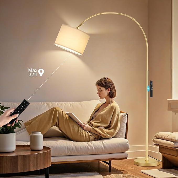 Ambimall Dimmable Arc Floor Lamp with Remote, Color Temperatures and Brightness Adjustable, Arched Floor Lamp with Rotating Head, Over Couch Arched Reading Light for Living Room (Deep Beige and Gold)