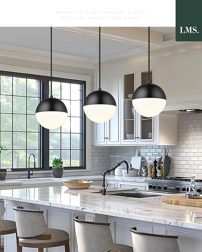 LMS 6-inch Mid Century Pendant Light, Matte Black Pendant Light Fixtures with White Globe Glass, Adjustable Hanging Ceiling Light Fixtures for Dining Room Living Room Bedroom, LMS-186BKS
