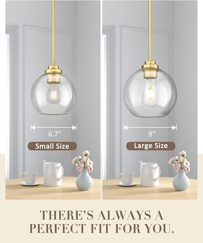 8 inch Modern Gold Pendant Light Fixtures, Mid Century Globe Pendant Lights with Clear Glass, 1 Light Hanging Lights for Kitchen Island, Bathroom, Dining Room (1 Pack), PL101BG-L