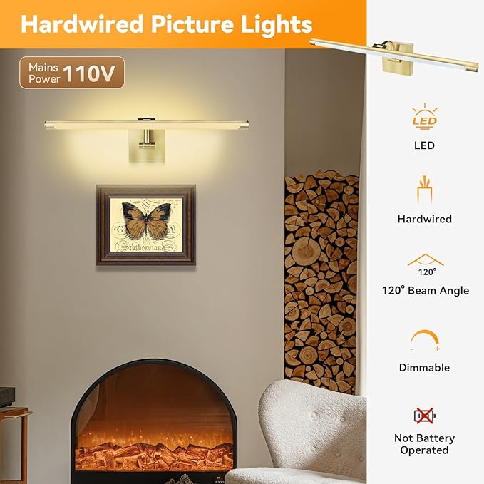 JO.KO 23.6 Inch LED Picture Lights for Wall Hardwired, Poster Art Gallery Light 10-100% Dimmable, 3000k Warm White Gold Wall Sconces 14W CRI90 for Gallery Artwork, Paintings and Bathroom