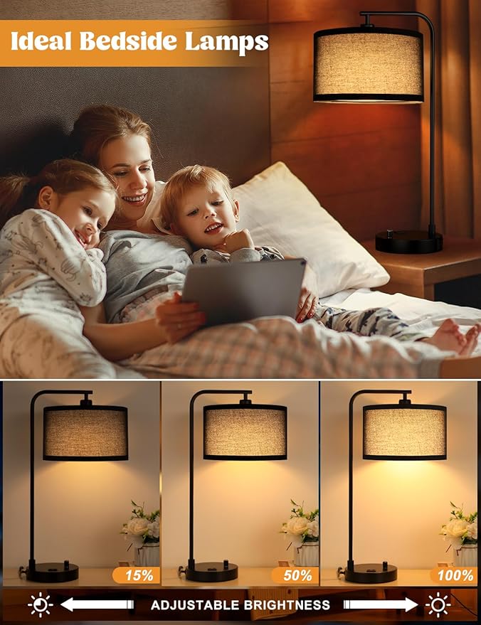 Black Tall Table Lamp with USB Port and Outlet, Dimmable Nightstand Bedside Lamps with Linen Lampshade, Desk Lamp for Bedroom, Living Room, Guest Room, Home Office, LED Bulb Included