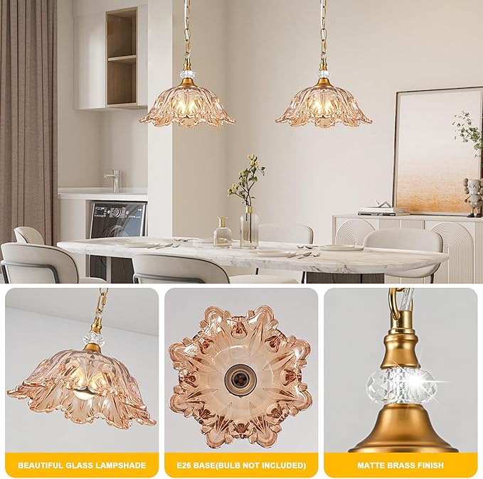 1 Piece Vintage Chandelier Light Fixture with Amber Glass Shade,Matte Antique Brass Finish Pendant Light,Hanging Light for Dining Room,Hallway,Living Room,Bedroom