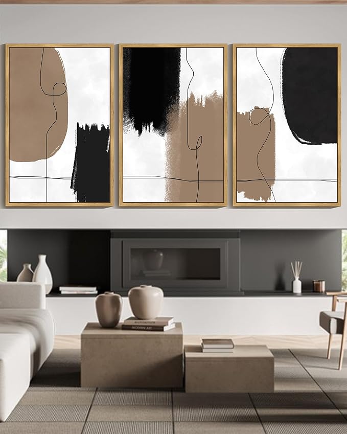 KUVIOKE Neutral Abstract Framed Wall Art Beige Mid Century Textured Wall Decor Minimalist Line Modern Illustrations Art Print Home Decor 24x36in (Natural Framed)
