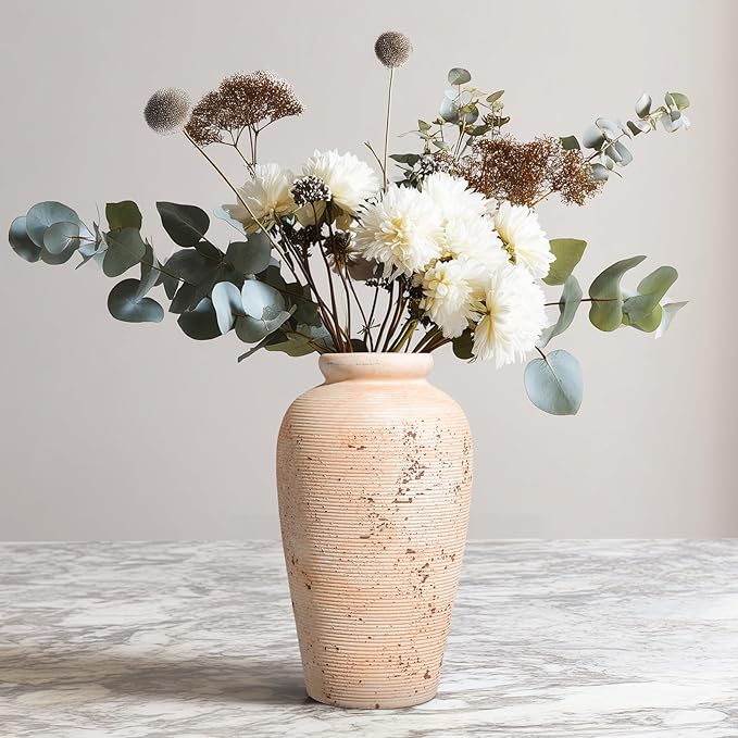 Ceramic Flower Vase, 11 inch Rustic Farmhouse Vase, Pottery Decorative Vases for Home Decor, Living Room, Shelf, Mantle, Entryway, Table Decor, White