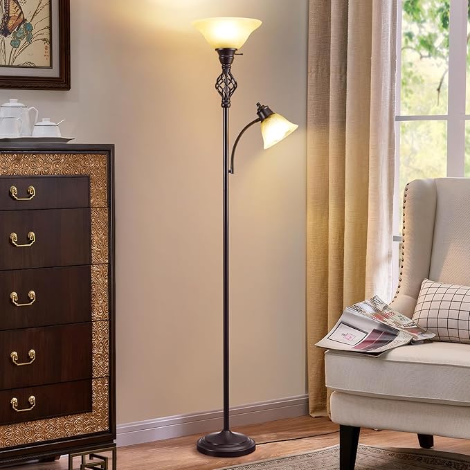 Torchiere Floor Lamp for Living Room, LED Standing Reading Light for Bedroom with Glass Shade for Living Room Corner Bedroom Home Office,Bulbs Included (Yellow Lampshade, Glass 2 Head)