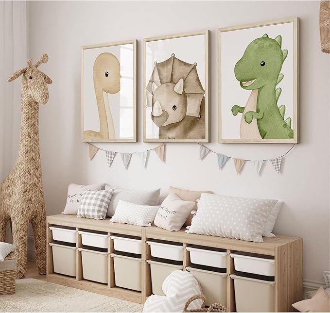 Dinosaur Wall Art Kids Boys Room Canvas Wall Decor Dino Nursery Wall Art Pictures Baby Dinosaur Poster Prints for Boys Bedroom Bathroom 12x16 Inch Wood Framed Set of 3
