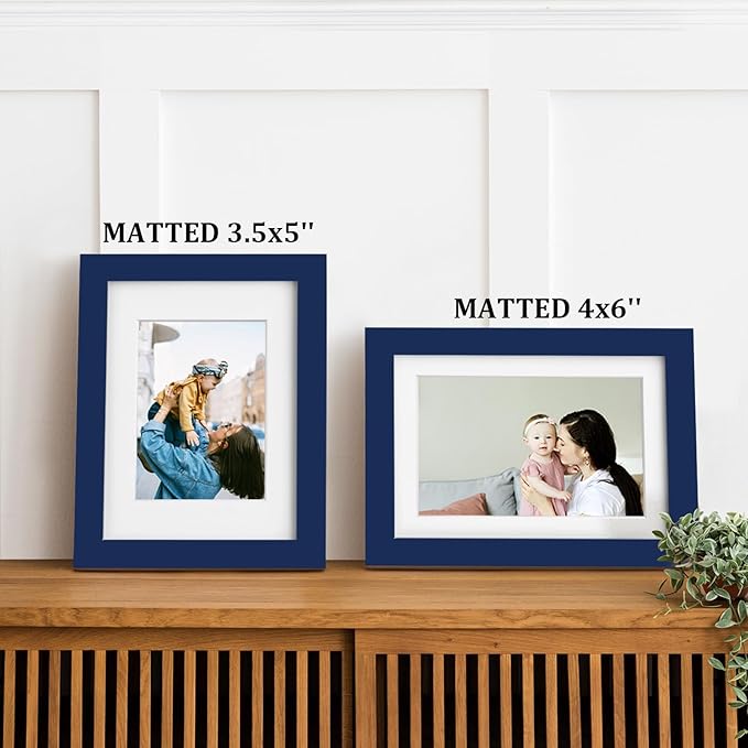 Egofine 5x7 Picture Frame 4PCS Made of Solid Wood, Display Picture 3.5x5/4x6 with Mat or 5x7 Covered by Plexiglass for Table Top Display and Wall Mounting Photo Frame, Navy Blue