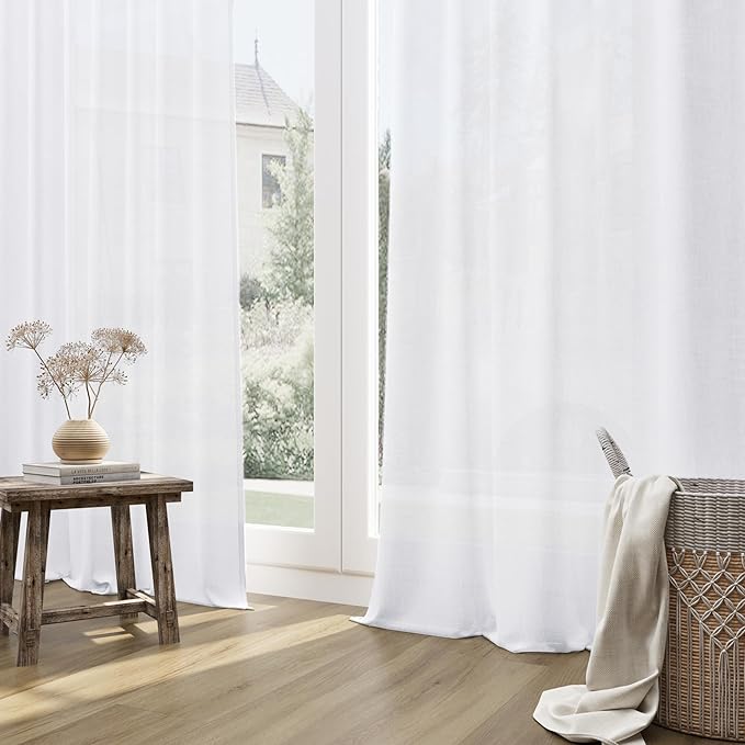 Guken White Linen Curtains 102 Inch Length for Living Room Bedroom 2 Panels Set Rod Pocket Light Filtering Semi Sheer Window Curtains 52 Inch Width Boho Farmhouse Linen Drapes, W52xL102
