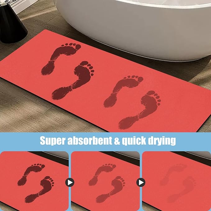 Extra Long Bathroom Rugs Diatomaceous Earth Bath mat Super Absorbent Quick Dry Non Slip Bath Mat Thin Runner Rug Fit Under Door-Shower Rug for in Front of Bathtub Shower, Red, 23.6"x66.9"