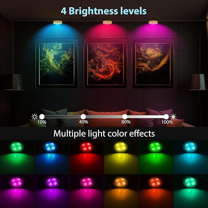 3Pcs Picture Light Battery Operated, 13 RGB Color Magnetic Led Art Display Light for Picture Frame Artworking, Wireless Painting Light with Remote Control, Party Wall Decorative Lighting, Gold-RGB