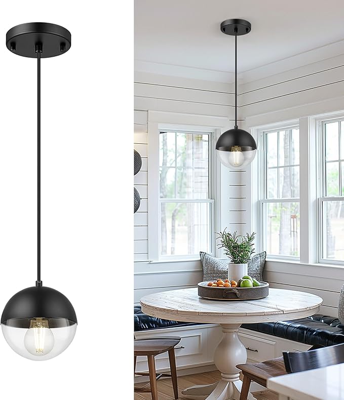 LMS 6-inch Modern Pendant Light, Matte Black Kitchen Pendant Light with Clear Globe Glass, Adjustable Hanging Farmhouse Pendant Light Fixtures for Dining Room Living Room Kitchen Island, LMS-186BKCS
