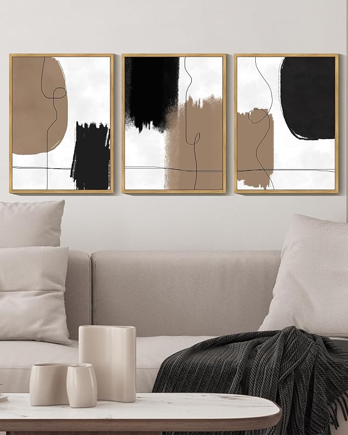 KUVIOKE Neutral Abstract Framed Wall Art Beige Mid Century Textured Wall Decor Minimalist Line Modern Illustrations Art Print Home Decor 11x14in (Natural Framed)