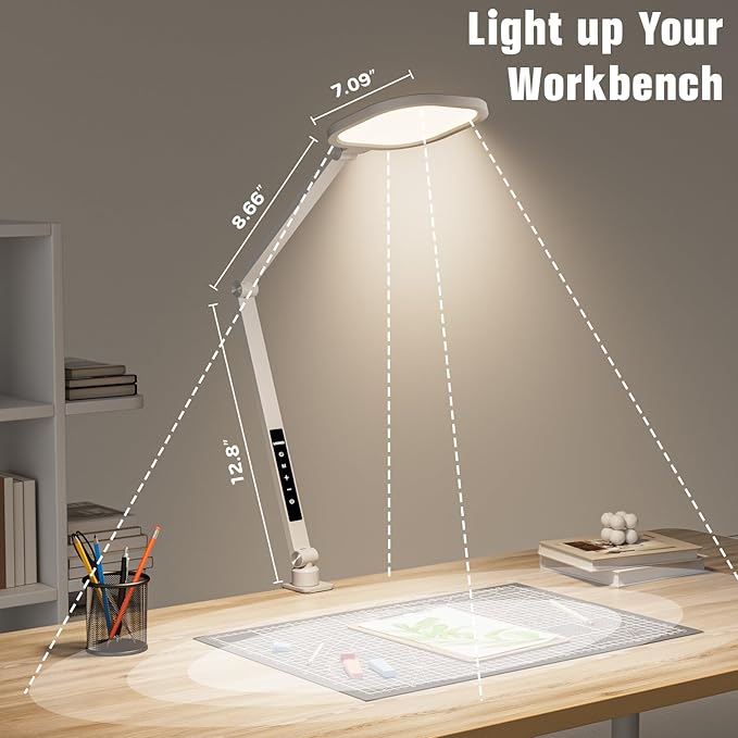 LED Desk Lamp for Home Office, 15W Desk Light with C- Clamp, Swing Arm, Memory & Timer Function, 1200LM Dimmable Computer Light for Video Calls, Conference, Study (White-Clamp)