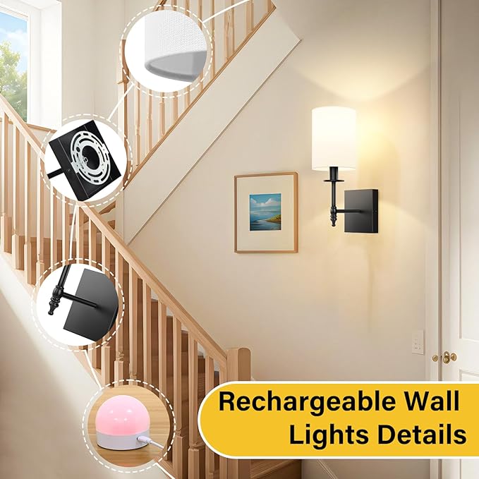 14.5 Inch Black Battery Operated Wall Sconces Set of 2, Rechargeable Wireless Wall Lights with Remote & White Fabric Shade, Indoor Not Hardwired Dimmable Wall Lamps for Bedroom, 2 Bulbs Included