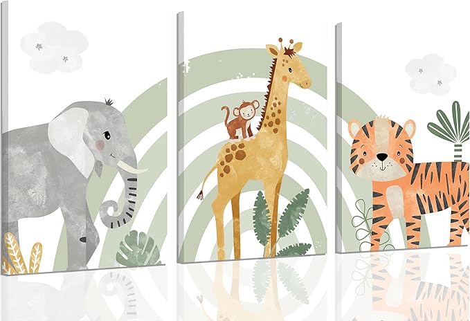 3Pcs Framed Safari Animals Canvas Wall Art elephant tiger giraffe Posters Prints Bohemian Rainbow elements Paintings Pictures wall decor for Nursery Baby Bedroom Decorations
