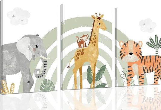 3Pcs Framed Safari Animals Canvas Wall Art elephant tiger giraffe Posters Prints Bohemian Rainbow elements Paintings Pictures wall decor for Nursery Baby Bedroom Decorations