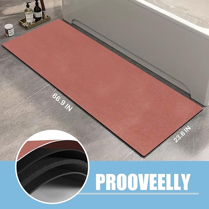 Extra Long Bathroom Rugs Diatomaceous Earth Bath mat Super Absorbent Quick Dry Non Slip Bath Mat Thin Runner Rug Fit Under Door-Shower Rug for in Front of Bathtub Shower, Brown, 23.6"x66.9"