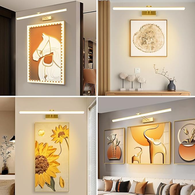 Picture Light, 20inches Dimmable LED Battery Operated Picture Light for Wall Art, Easy Installation, Gallery Lighting for Paintings & Artwork (Gold)