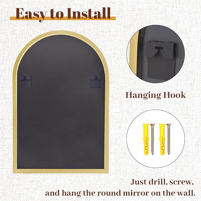 24" x 36" Luxury Arched Bathroom Mirror - Arch Wall Mirror with Shatterproof Tempered Glass and Metal Deep Frame, Hanging or Leaning for Living Room, Dresser, Entrance and Hallway, Gold