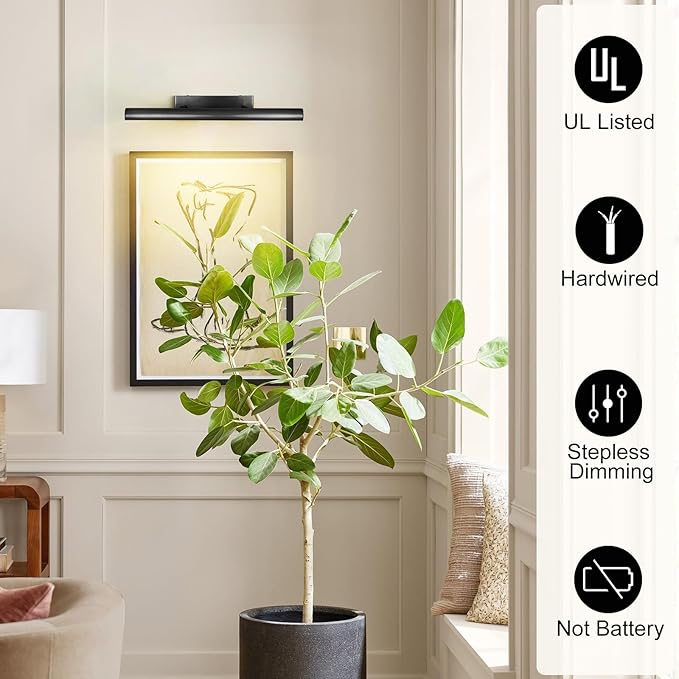 Matte Black Picture Lights for Wall, 30" Linear Picture Light Hardwired, 4-Light Bronze Art Light, Dimmable Gallery Light for Paintings, Warm White 270° Picture Frame Light for Bathroom, Living Room