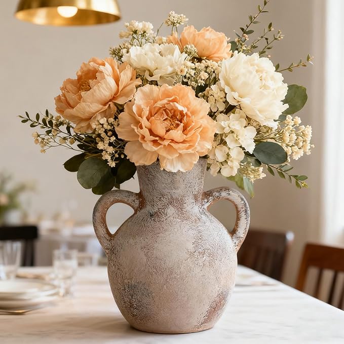 Rustic Ceramic Farmhouse Flower Vase with 2 Handles, Whitewashed Terra Cotta Vase, Decorative Pottery Flower for Home Decor, Table, Living Room, Shelf Decor, 7.3 Inch, Terra