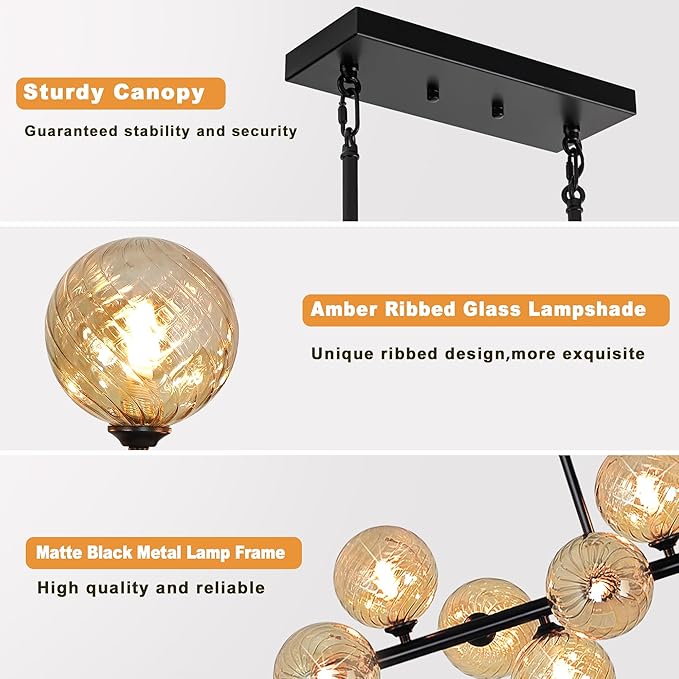 Large Dining Room Light Fixture, 55" Modern Linear Sputnik Chandeliers with Amber Sirled Glass Globe Bubble Farmhouse Chandeliers for Dining Room 16 Lights Island Light for Kitchen