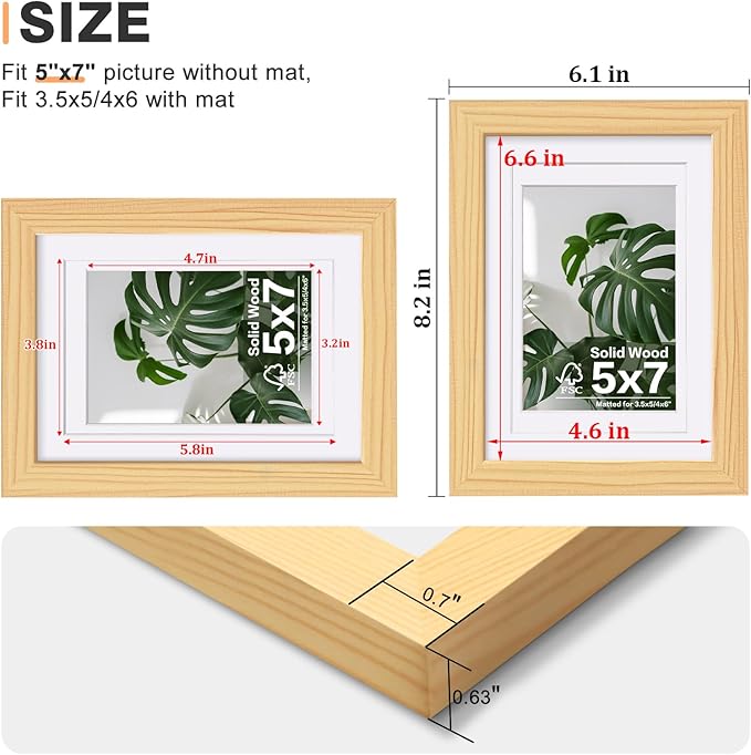 Egofine 5x7 Picture Frames Natural Wood Frames with Plexiglass, Display Pictures 3.5x5/4x6 with Mat or 5x7 Without Mat Set of 4 for Tabletop and Wall Mounting