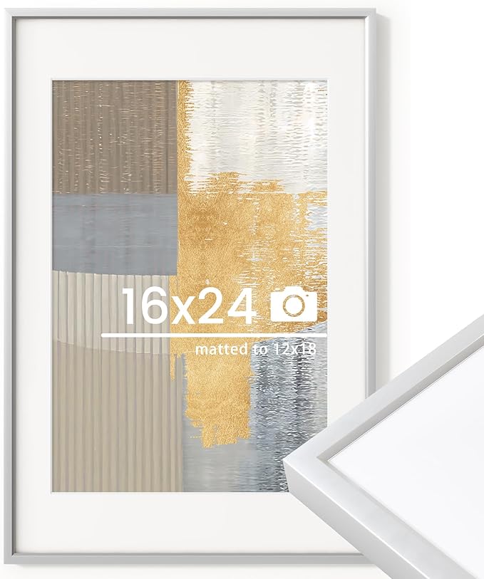 16x24 inch Metal Poster Frame - 16 x 24 Thin Aluminum Picture Frames Matted for 12x18 Photos, Artworks, Prints, Puzzle - High Definition Plexiglass - Vertical and Horizontal Display - Wall Hook Hanging Hardware Included - Silver, Set of 1