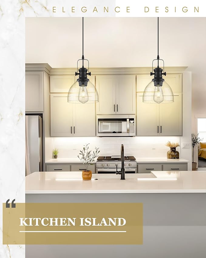 Black Pendant Lights Kitchen Island, 7.5" Farmhouse Pendant Lighting with Clear Seeded Glass Shade, Vintage Hanging Light Fixtures for Dining Room, AD-22151-1P-BK