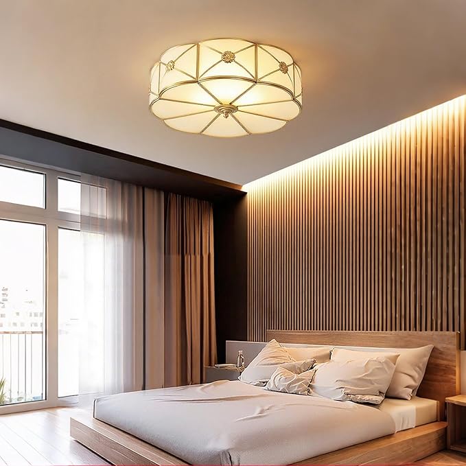 MIXL- Mid Century Brass Flush Mount Ceiling Light, 4-Light LED Brass and Glass Ceiling Lamp, Frosted Glass Shade Modern Light, Close to Ceiling Light Decorative for Bedroom Living Room(17.71" W)