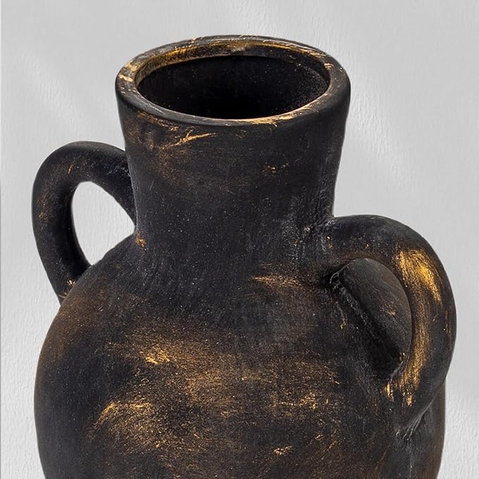 Rustic Ceramic Farmhouse Flower Vase with 2 Handles, Whitewashed Terra Cotta Vase, Decorative Pottery Flower for Home Decor, Table, Living Room, Shelf Decor, 7.3 Inch, Bronze