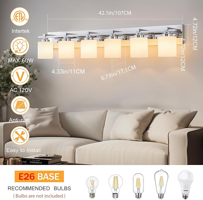 6 Light Modern Bathroom Light Fixtures Over Mirror, Chrome Vanity Lights for Bathroom Wall Sconces with Milky White Glass Shades, E26 Socket (Bulbs Not Included)