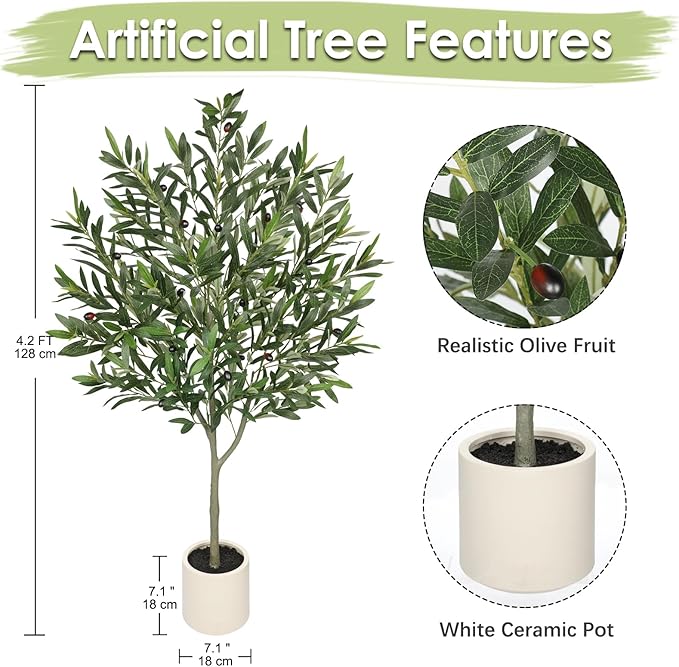 Hollyone Faux Olive Tree with Pot 4.2FT Small Fake Olive Tree Indoor 50.4inch with Natural Wood Trunk and Lifelike Fruits Potted Artificial Tree Plant Home Office Modern Housewarming Decoration Gift