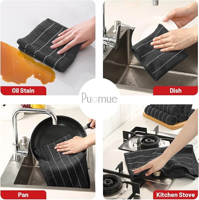 Microfiber Kitchen Towels and Dishcloths Set, 26 X 18 Inch and 12 X 12 Inch, Set of 12 Bulk Lint Free Dish Towels for Drying Dishes, Black