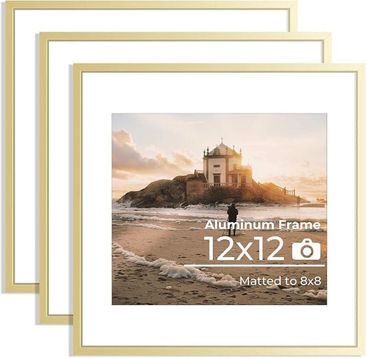 12x12 Metal Picture Frame Golden, 12x12 Durable Thin Aluminum Photo Frames with Removable Mat for 8x8 Photo, Wall Hanging Metal Poster Frame with High Definition Plexiglass, Set of 3