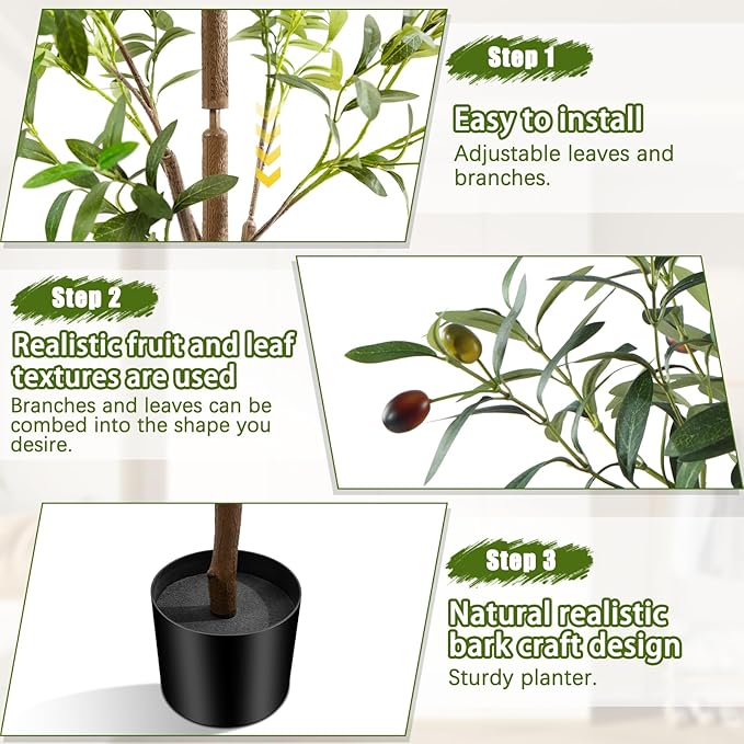 6FT Artificial Olive Tree Indoor, Tall Faux Olive Tree with Pot&Basket, Large Fake Olive Tree with Realistic 1080 Silk Leaves and 60 Fruits for Living Room Home Office Decor