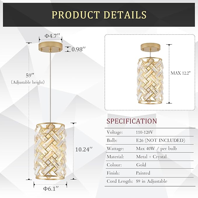1-Light Gold Crystal Pendant Light, Mini Ceiling Hanging Light Fixture with K9 Prisms for Kitchen Island, Bathroom, Bedroom, or Bar