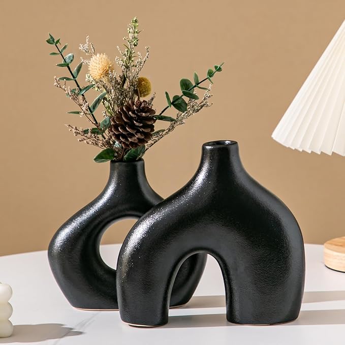 Ceramic Vase Set of 2, Black Pampas Grass Vases for Home Decor, Round Boho Vases for Flowers, Nordic Minimalism Style vase for Table Centerpiece Living Room Bedroom Shelf Decor