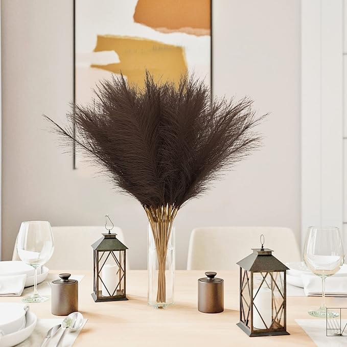 50pcs Faux Pampas Grass Decor, 21.6" Short Artificial Pompous Grass Floral Fake Pompas Grass Branches Vase Filler Flower Arrangement for Home Wedding Boho Decor, Brown