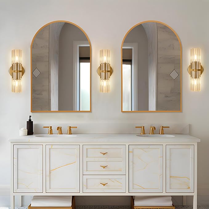 Crystal Wall Sconces Set of Two, 13" Modern Brass Sconces Lighting with K9 Crystal Lampshade,Indoor Wall Sconce Bedroom Wall Light Fixtures for Living Room Bathroom Hallway Stairs Entryway